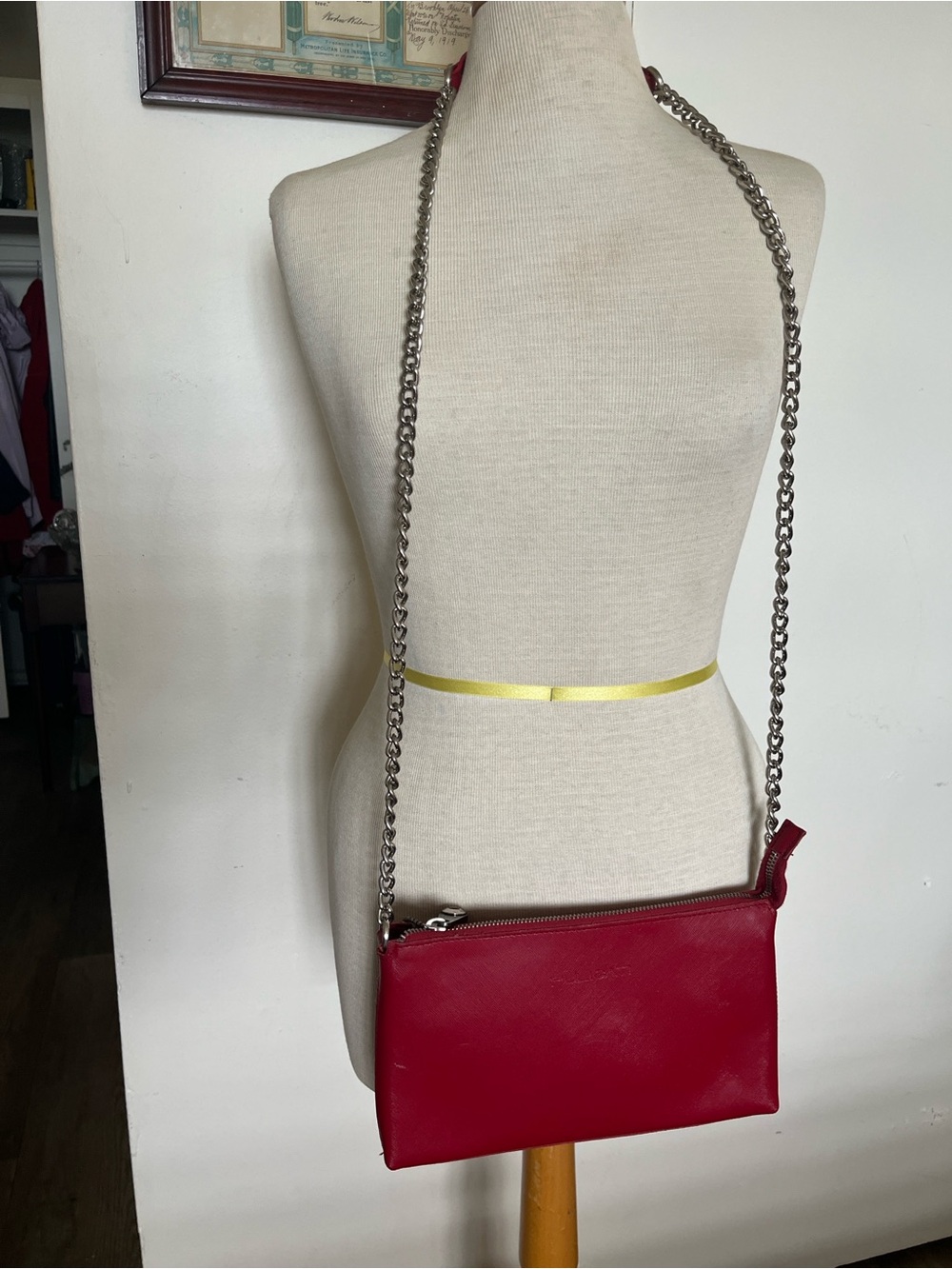 Pulicati Crossbody Red Bag Purse Italian Crossgrain Genuine Leather Silver Chain